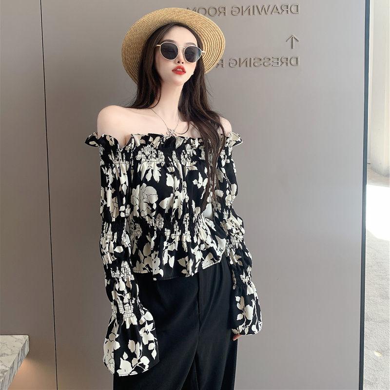 Květinová šifonová košile Dámská halenka S odhalenými rameny Volány Dlouhý rukáv Top Sladká Sexy Elastický pas Zvonový rukáv Jednoduchá Ležérní Letní