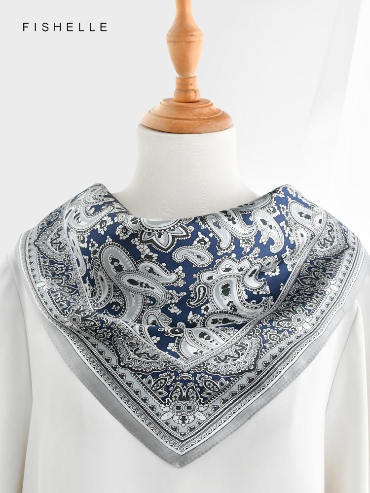 Grey Blue Paisley 100% Natural Silk  Scarf Wrap Kerchief Hijab Shawl Luxury Women Men Gift Headband Satin 65cm Neckerchief