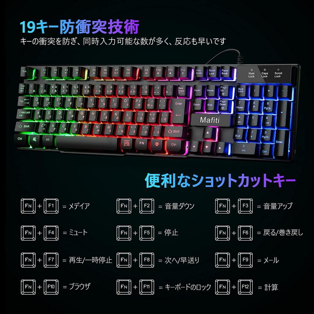 Mafiti Gaming Keyboard Mouse USB 106 Japonez 19 4 Gaming RGB Compatibil cu Systems RK101 Set, Cablat, Taste, Aspect, Taste, Anti-coliziune, Nivele,