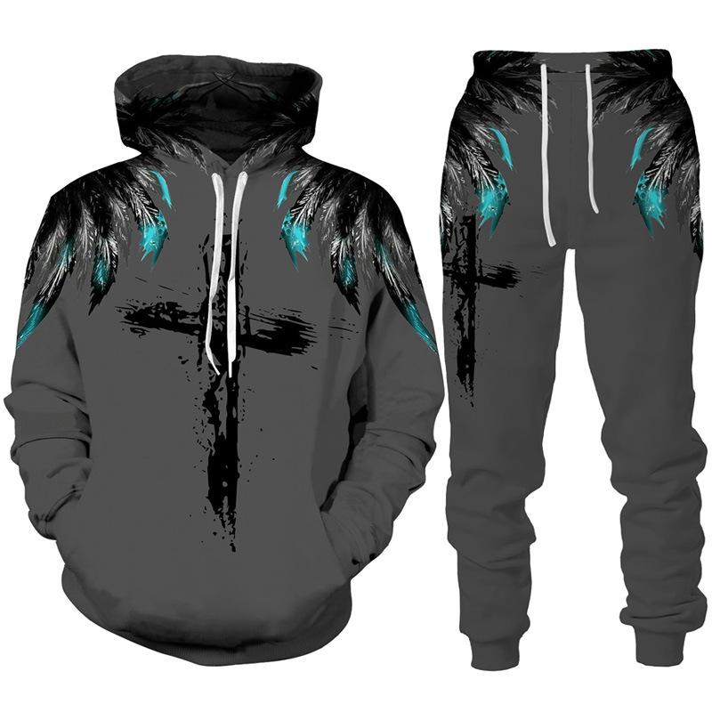 Spring Autumn Fashion Casual Men's Hoodies Set 3D Animal Lion Cross Printing Sweatshirts Sweatpants 2 Piece Set Men Clothing Suit