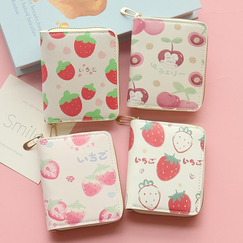Cartoon Strawberry Print Coin Purse: Cute, Spacious, Short Chain Wallet for Students
