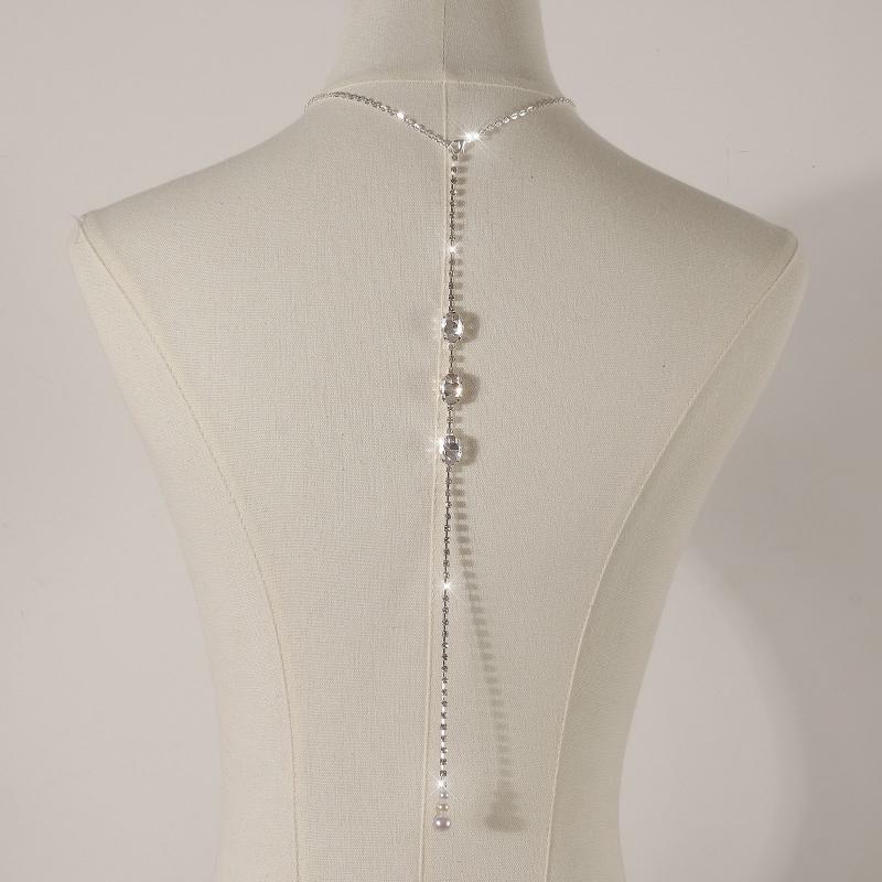 Rhinestone Pearl Back Chain Necklace Long Drop Backless Dress Jewelry For Women Wedding Party Accessories