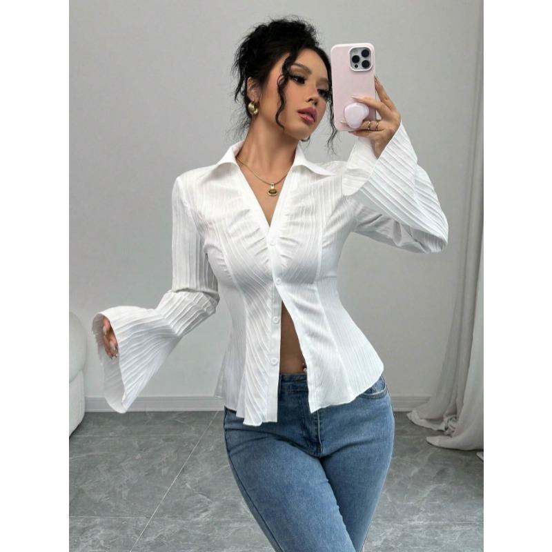 

White Slim Fit Waist Cinched Women s Shirt Fashion Flared Long Sleeve Elegant Blouse Pleated Spring Autumn Sexy Elegant Tops Streetwear Basic Clothing S белый