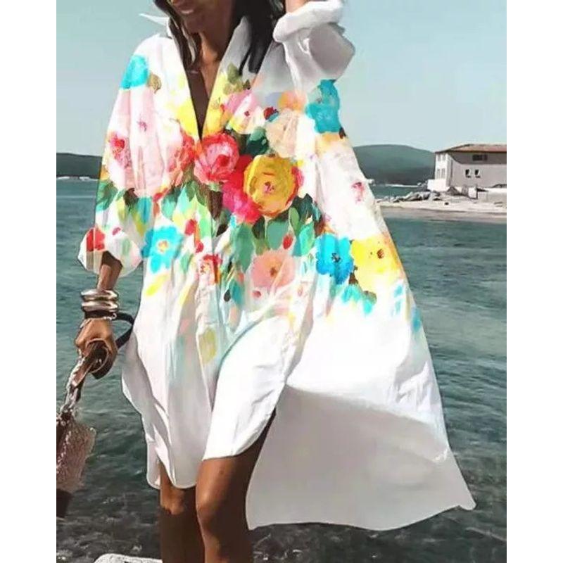 

European and American Seaside Women clothes Fashion Vacation Print Plus size Loose Shirts Dress Loose Shirt Dress Fluorescent Green M