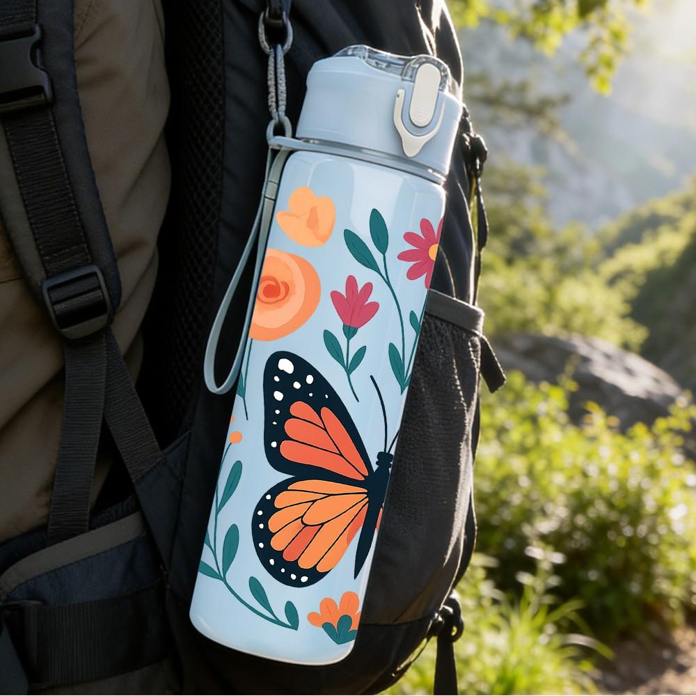 1PC Colorful Butterfly Floral Pattern 750ml Color Plastic Sports Water Bottle Leakproof Flip Straw Lid Suitable for Sports Office Home Use