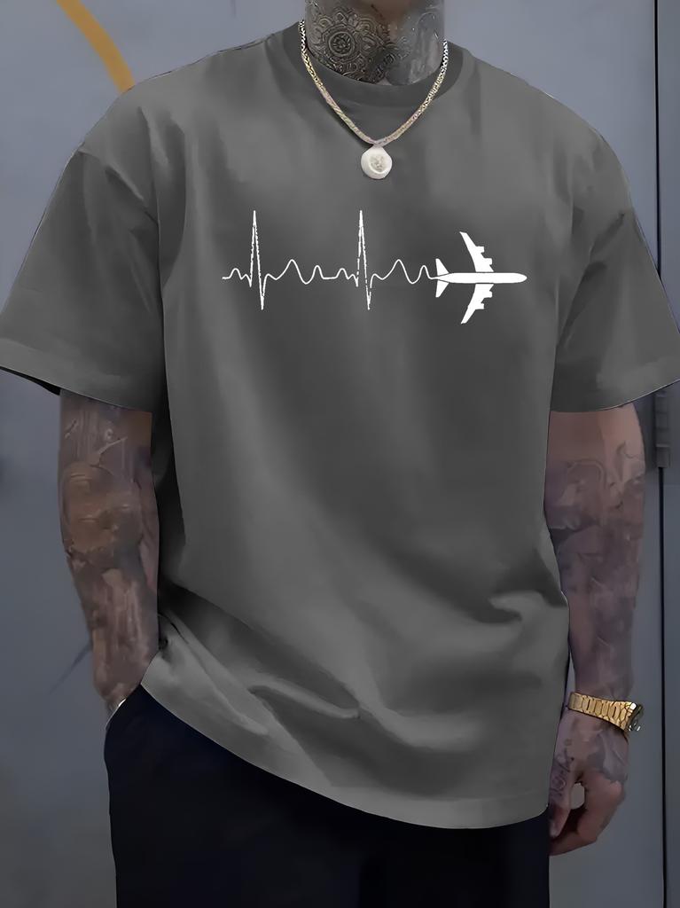 Unisex O Neck Tee Airplane Heartbeat Line Graphic Print Cotton Short Sleeve Loose Summer Breathable Daily Casual Basic Wear Top