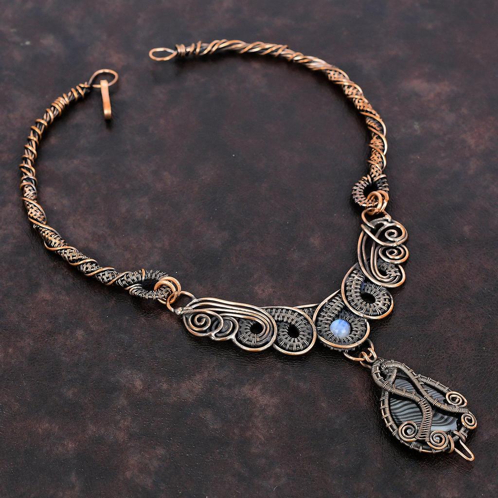 Psilomelane Necklace Copper Wire Wrapped Necklace Handmade Rainbow Moonstone Necklace Designer Necklace Wedding Gift Gemstone Copper Jewelry