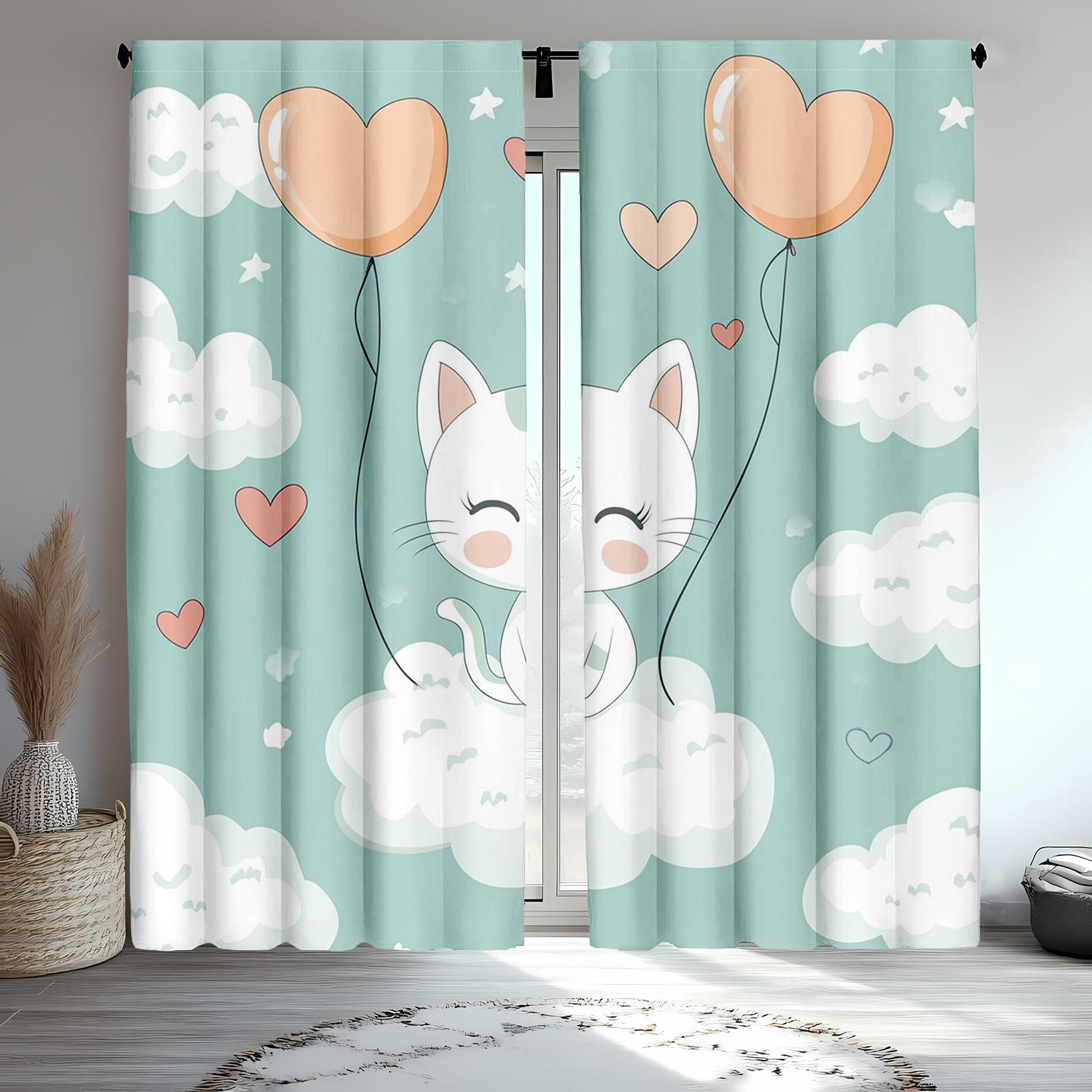 

2Pcs Cute Cat Window Drapes For Bedroom Living Room Green Kawaii Animal Curtains 53x116cm 2pc21x46in&Without mount