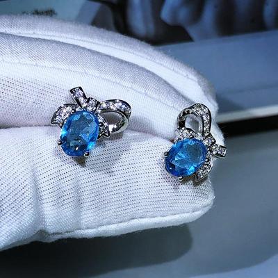 Newest  Silver Inlaid Earrings Female Natural Blue Topaz Bow Earrings For Ladies Birthday Wedding Party Jewelry Gifts