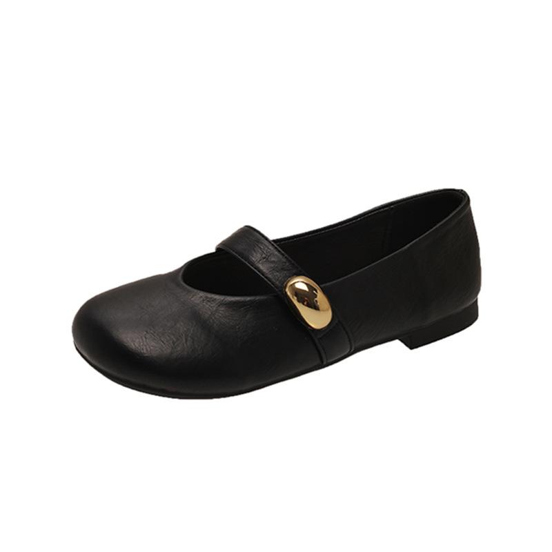 2025 Summer New Retro Versatile Round Head Flat-bottomed Casual Single Shoes Soft Leather Comfortable Versatile One-word Belt Women's Shoes