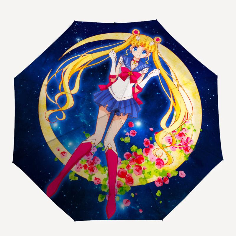 Sailor Moon Sichelmond mit Blumen Schirm, Tragbarer 3-fach Kompakter Schirm für Damen & Herren, S75