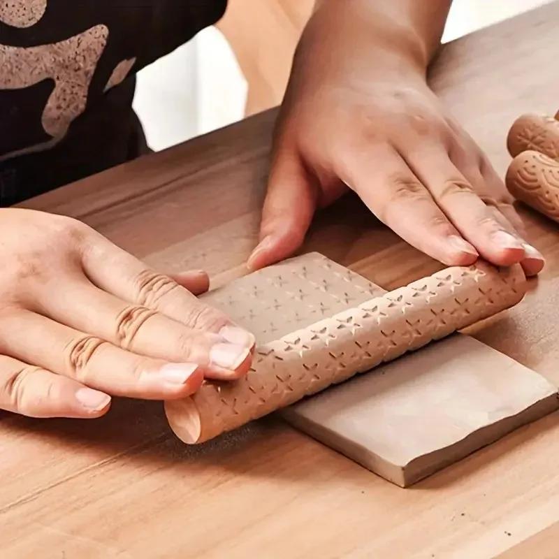 Relief Wood Texture Rolling Stick Pottery Clay Tools Rod Relief Flower Pattern Embossed Rod Mud Roll DIY Ceramic Clay Modeling