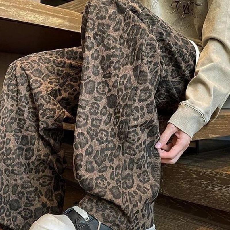 Autumn Winter Leopard Print Casual Pants Men's Loose Straight Wide-leg Trousers