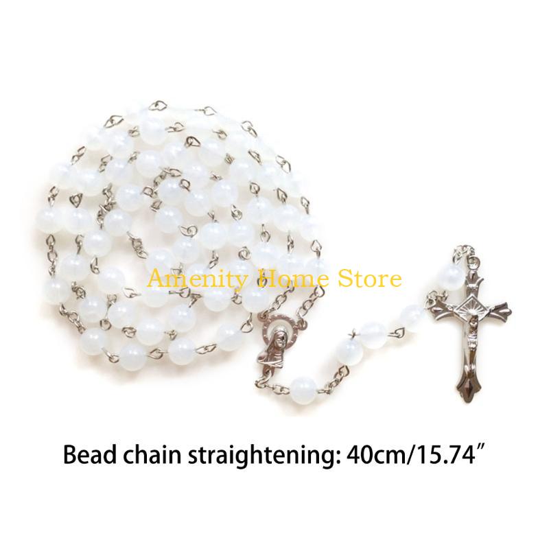 F26C Acrylic White Luminous for Cross Rosary Necklace Hanging Pendant for Women Men Praying Meditation Gift Supplies