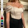 Women's Off Shoulder Short Sleeve Corset Top Slim Fit Solid Satin Boned Bustier Sexy Elegant Crop Tank Top