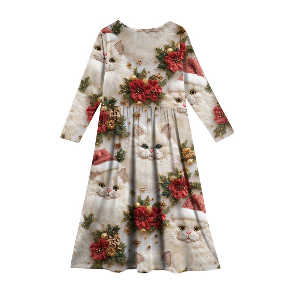 Girls' Maxi Dress - Long Sleeve Pocket Dress Christmas Day