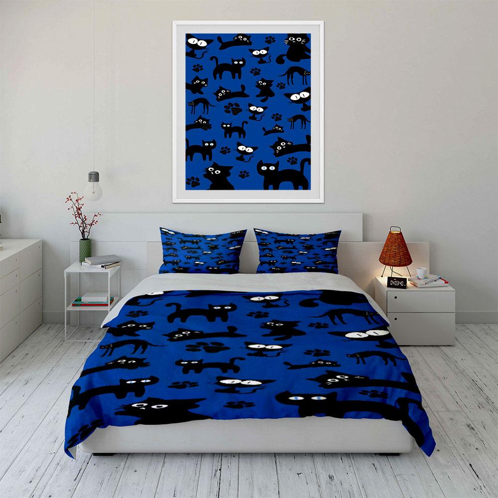 Black Cats and Paw Prints Design Bedding Duvet Cover Set Duvet Cover Pillowcases (1*Duvet Cover 2*Pillowcases, without duvet insert)