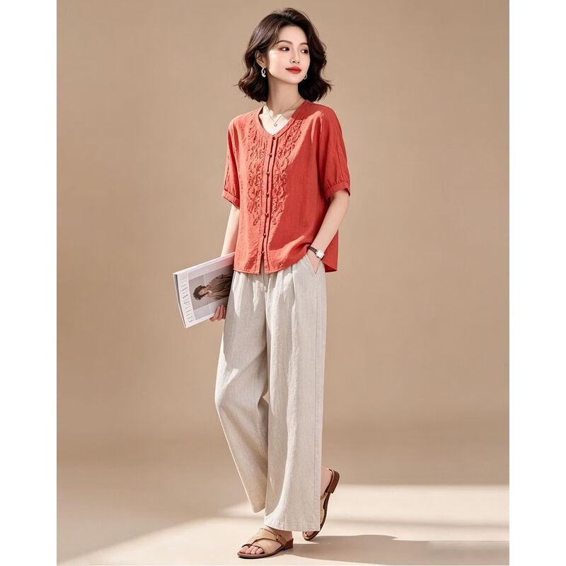 EST+II Summer Embroidered Shirt & Wide-Leg Pants Set