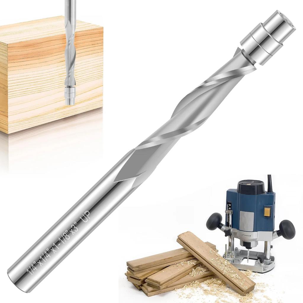 Oberfräser-Bit mit Spiralnut und bündigem Schnitt Robuster Karbid-Bündigfräser mit 1/4-Zoll-Schaft Doppelt gelagerter Führung 1-1/8 Zoll