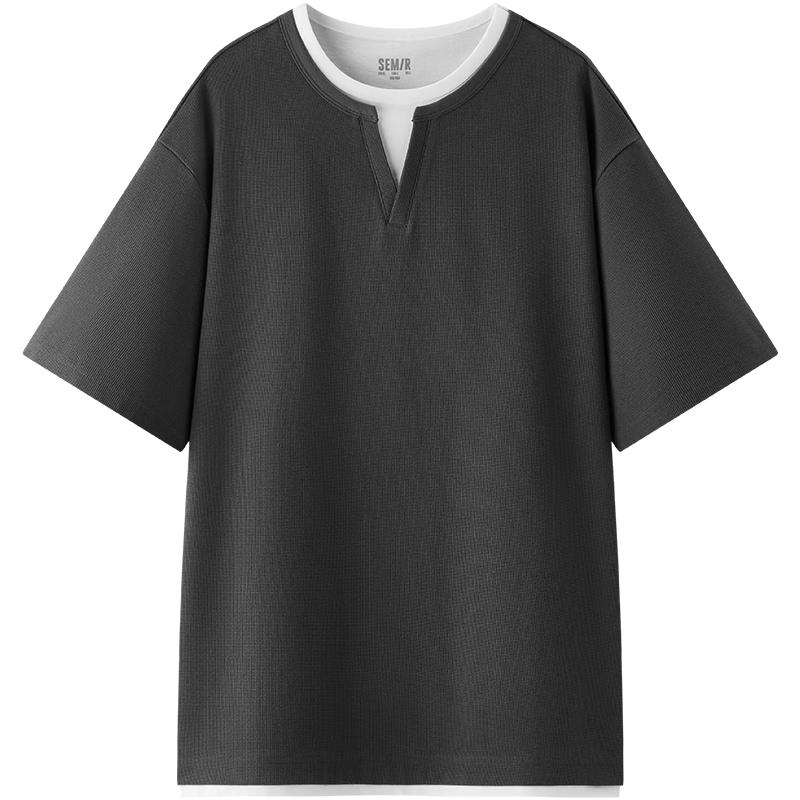 Semir Men's Waffle Knit Color Block Faux Layer Short Sleeve T-Shirt