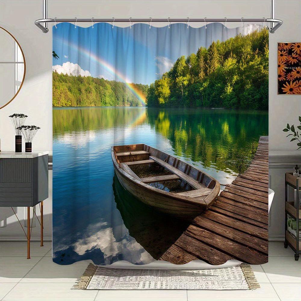 1Pc Serene Lakeside Scene Shower Curtain - Rustic Wooden Rowboat, Weathered Dock, Calm Turquoise Water, Lush Green Forest Reflec