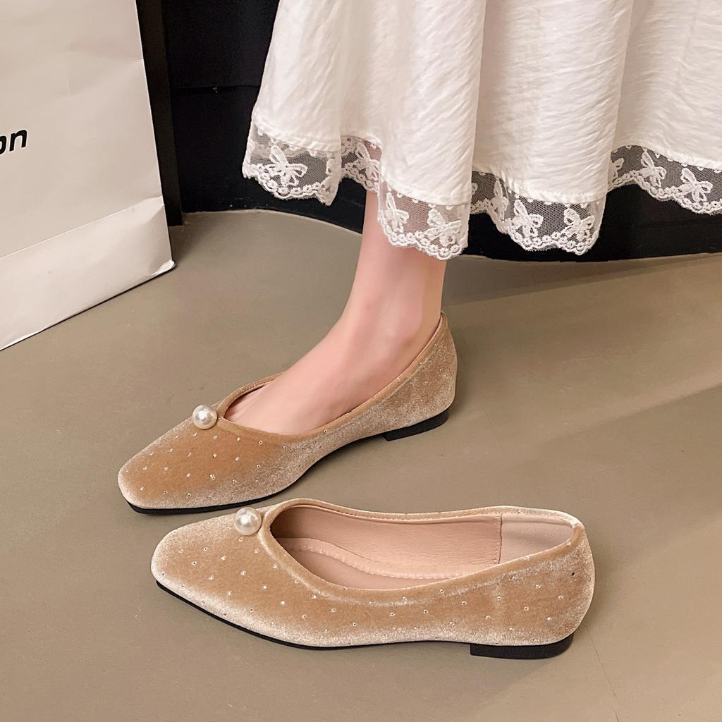 European and American style casual and comfortable soft-soled small leather shoes, new solid color pearl flat-soled single shoes in spring and autumn