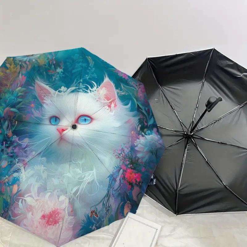 1pc Fantasy Floral Cat Portrait Umbrella with Plastic Handle,Suitable for All Seasons Home Travel Outdoor UmbrellaDD1611