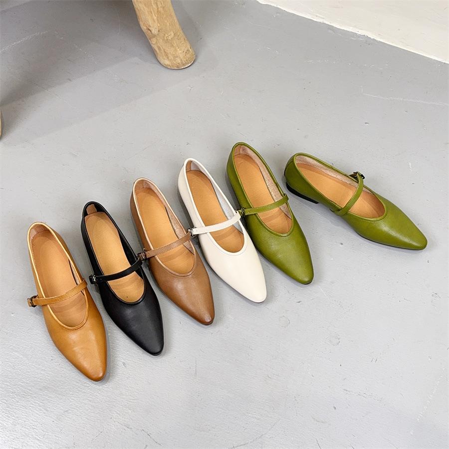 Johnature Oryginalne skórzane płytkie, spiczaste, płaskie buty retro, uniwersalne, miękkie, ze skóry bydlęcej, damskie