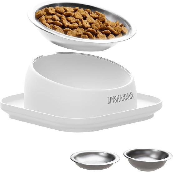 Cat Bowls Elevated Tilted Whisker Friendly, Cat Food Bowls for Indoor Cats, Shallow Food Dishes Stainless Steel, Slanted Flat Plastic Feeder Elevated