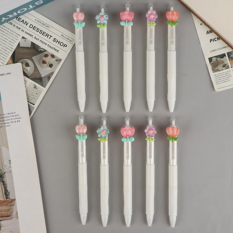 5/10Pcs Cute Sweet Tulip Flower Gel Pens Quick-Dry Ballpoint Pens 0.5Mm Black Ink Pen Office School Stationery Supplies