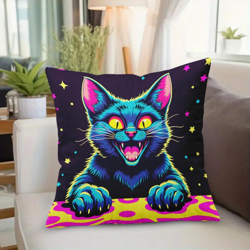 Neon Party Cat Pillow Cover 2D Printed Polyester Sofa Cushion Case – Vibrant Design For Home, Beach & Camping Decor