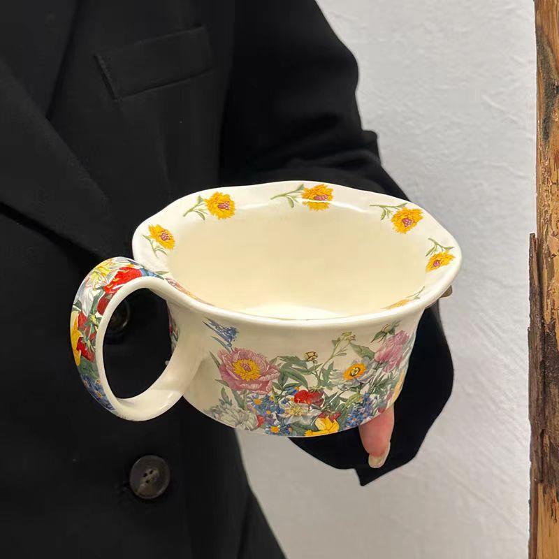 Ceramic mug handle cup with spoon breakfast cup oatmeal bowl heated milk blooming coffee cup saucer bowl
