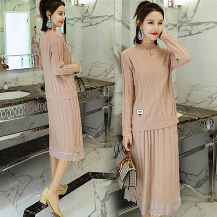 

Женский пуловер с круглым вырезом, платье-свитер, тонкая кружевная трикотажная рубашка, трикотажное платье, комплект L