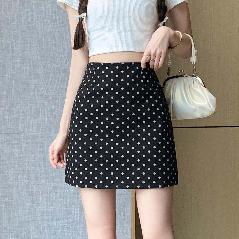 Women's Black Bodycon Skirt: White Polka Dot, High Waist, A-line, Summer Casual Versatile Short Skirt