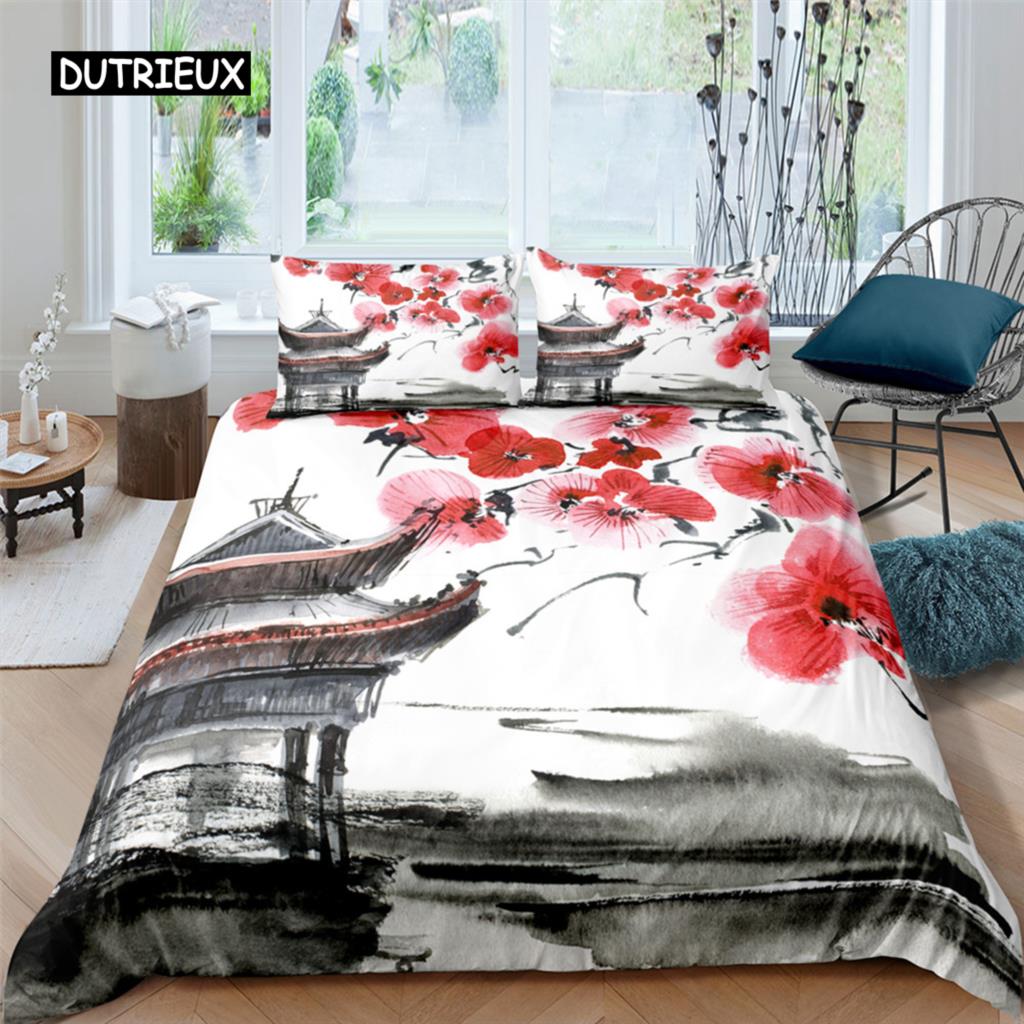 Flower Duvet Cover Cherry Blossoms Bedding Set with Pillowcase 2/3pcs Quilt Cover Home Textiles Floral Polyester Comforter Cover