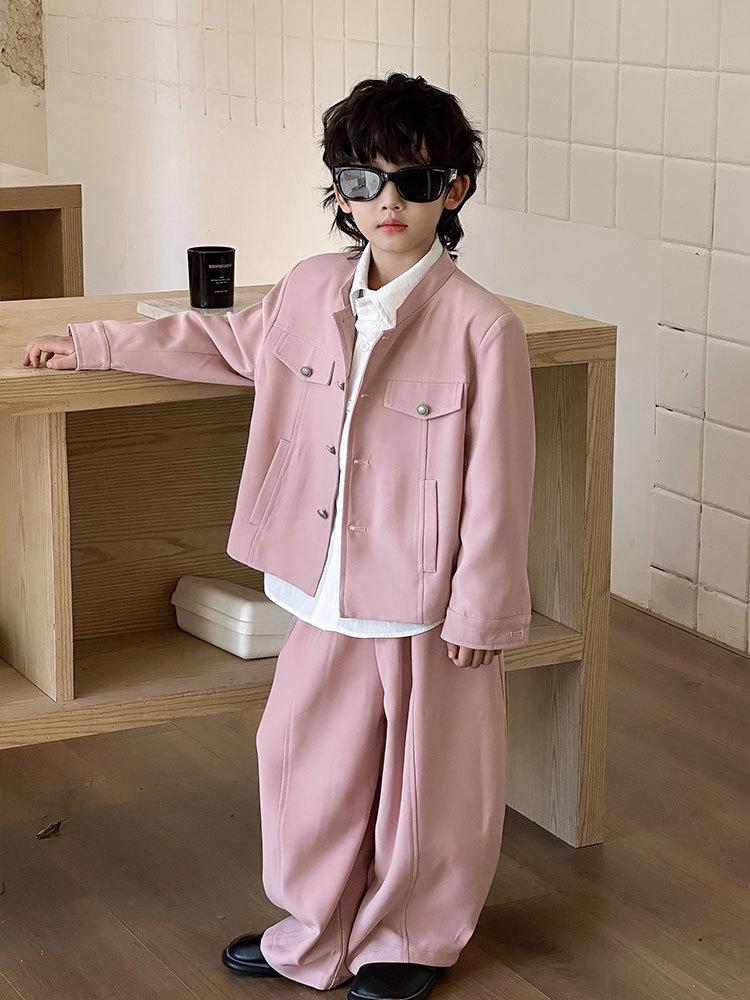 2025 Autumn Pink Casual Boys' Jacket with Stand Collar - Trendy Children's Clothing Set