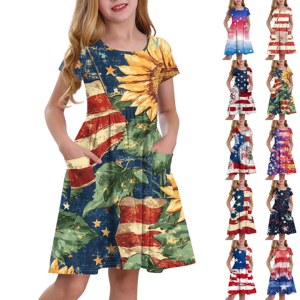 Children's Round-Neck Short-Sleeved Princess Dress Fashionable And Casual Pocket Girl Independence Day Dress