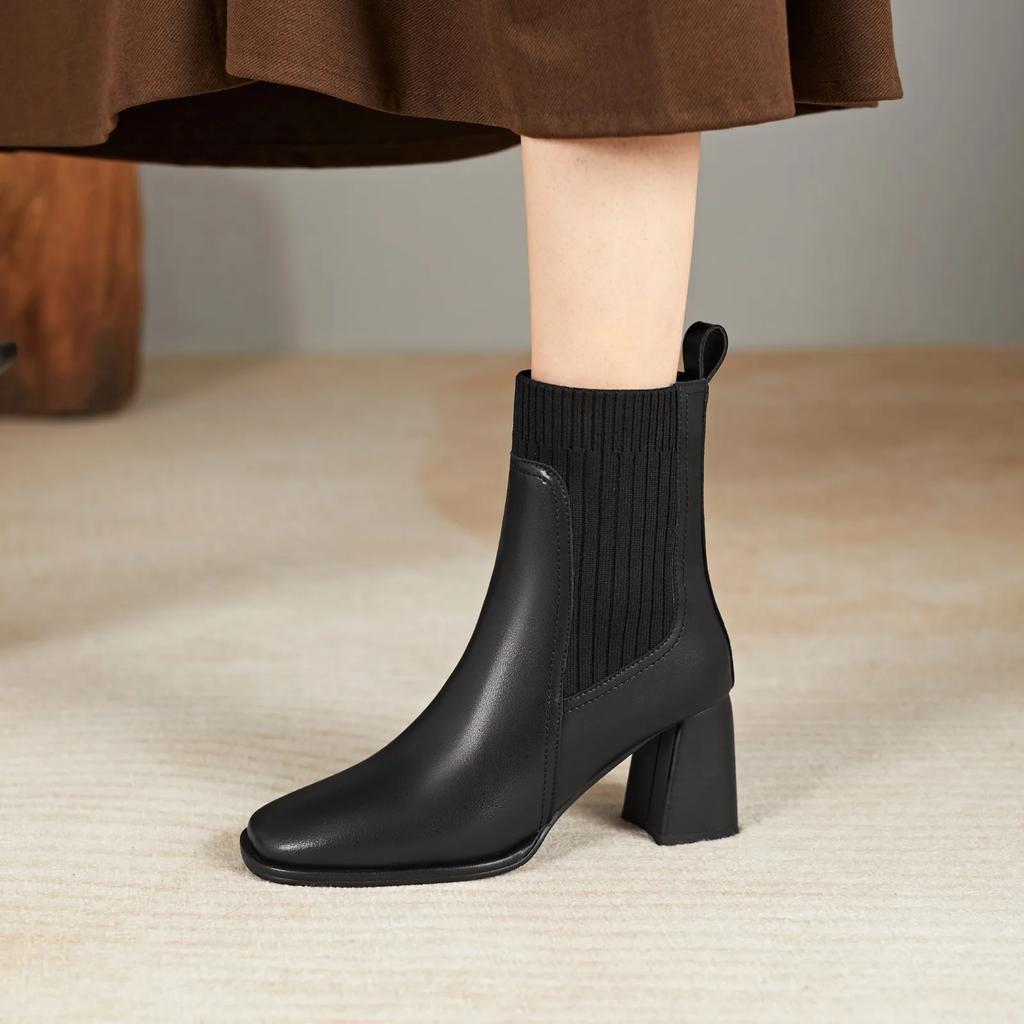 Fashion Fashiong French Retro Square Toe Women Shoes High Heeled Knitted Short Boots Temperament Thick Heeled Socks Boots 2025
