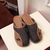 Woven bag head half slippers female oblique mouth 2025 summer new soft leather hollow breathable belt buckle non-slip retro sandals