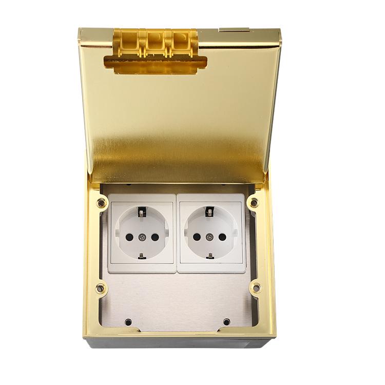 Goldene Edelstahl-Klappdeckel-Bodensteckdosenbox, Deutscher Standard, Reines Flaches Verdecktes Design.
