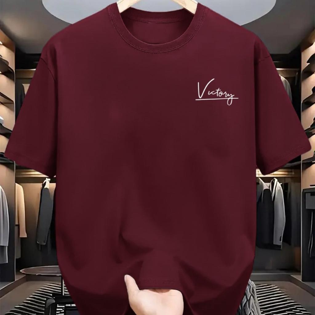 Mens Summer 100 Pure Cotton Fashionable Casual Sports Loose Victory Letters Printed Round Neck Short Sleeved Tshirt Top