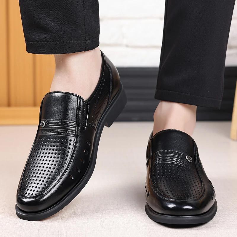 Leather Shoes Men slip on hole summer Luxury Business Men Dress Office Shoes High Quality Elegant Men Party Wedding Footwear