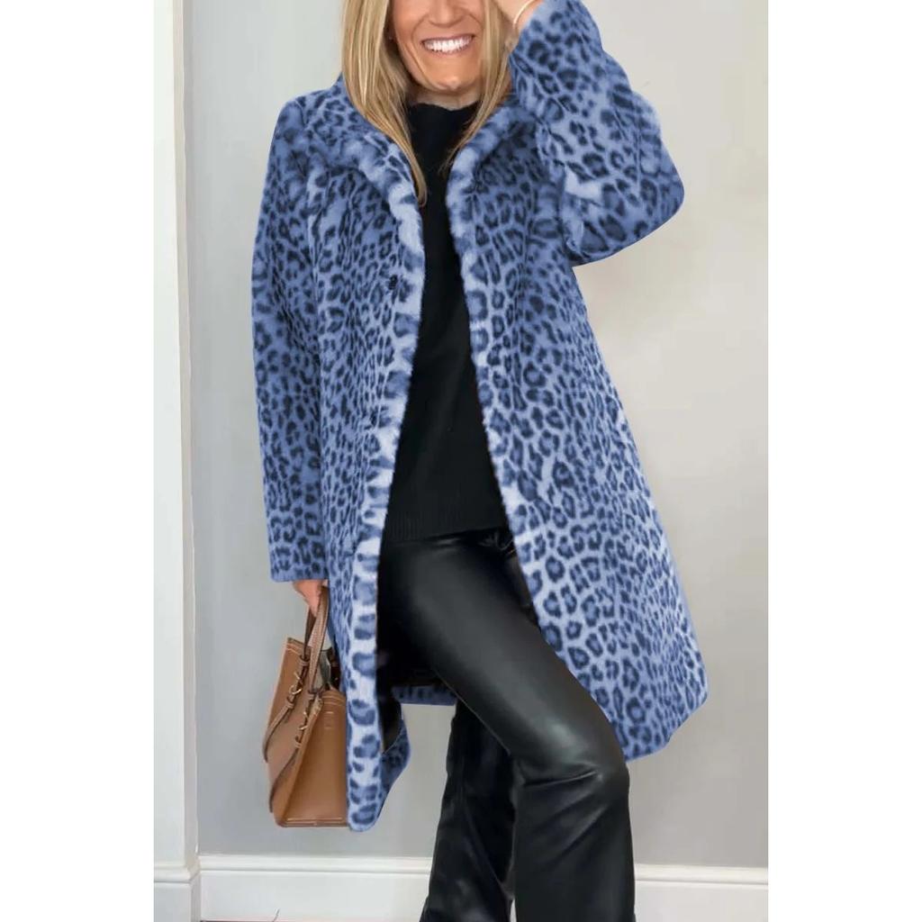 Cappotto da donna con revers, monopetto, stampa leopardata, finta pelliccia, lunghezza media