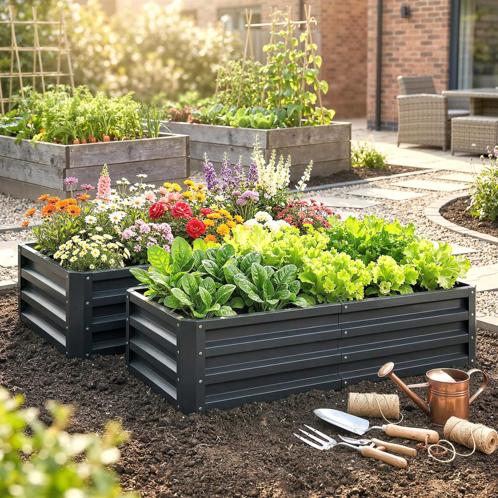 Set of 2 Raised Beds for Garden, Galvanised Outdoor Planters for Herbs Vegetables, Use for Patio Balcony, Grey