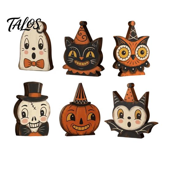 Vintage Style Wood Statues Halloween Wooden Ornaments, Cute Bat/Black Cat/Owl/Pumpkin/Ghost/Skull Decorations, Retro Rustic Pumpkin Ghost Cat