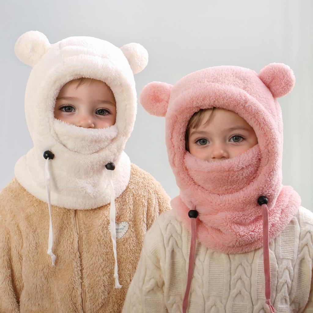 Kids Thermal Hat with Face Cover Animal Ear Flap Winter Warm Balaclava Style Integrated Neck Warmer Windproof Cold Weather Hood for Children