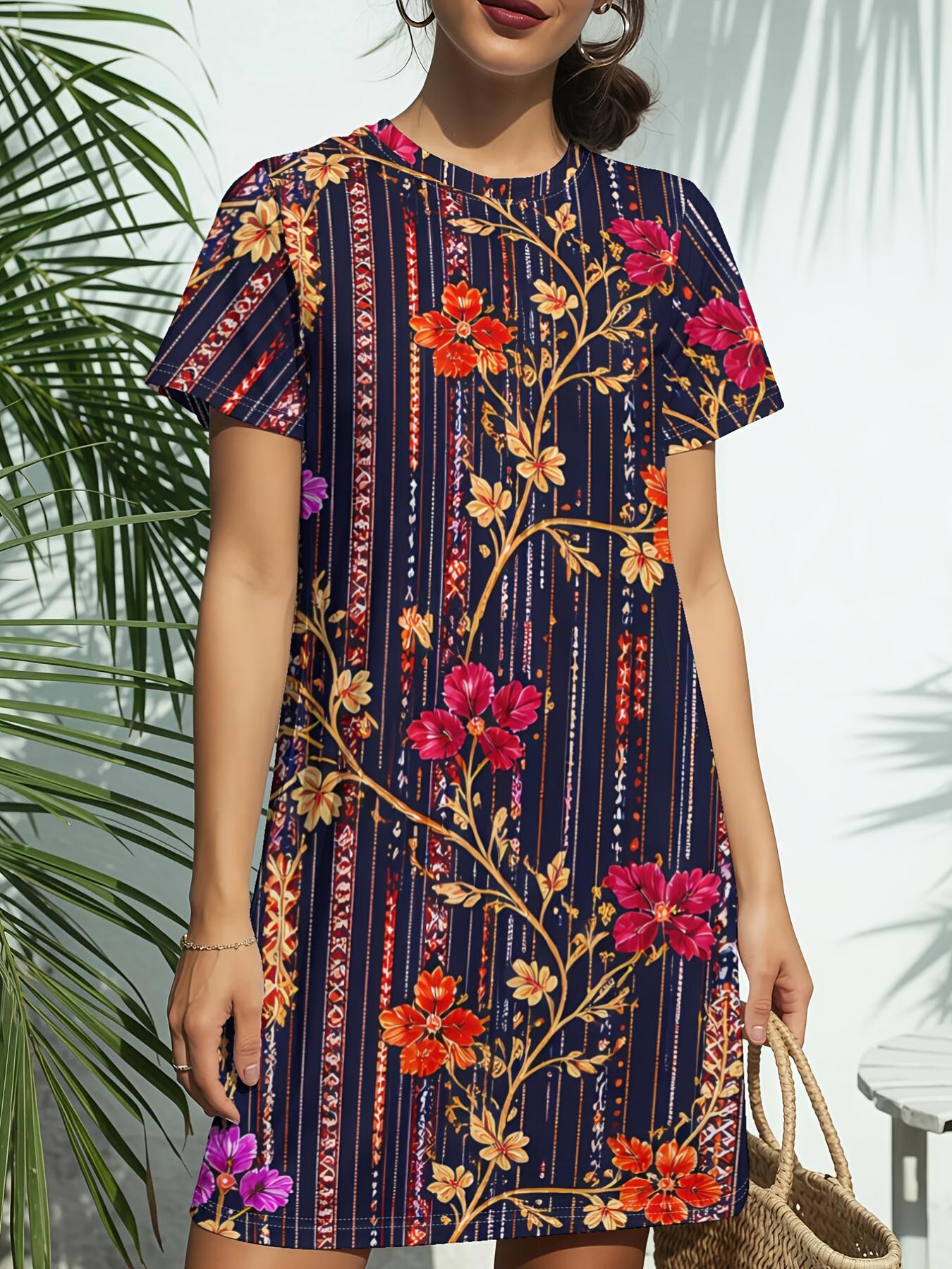 

Dark Floral Stripe Print New Women S Round Neck Short Sleeve T-Shirt Dress. American Style Trend Digital Printing. Casual And Versatile for Spring And L дубильная кора