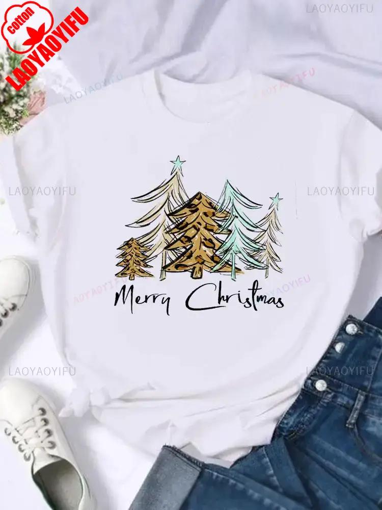 Merry Christmas Fashion Women Shirt Time Trend Christmas Tree 90s Holiday Unisex Clothing New Year Print Letters Tree Graphic Tops S
