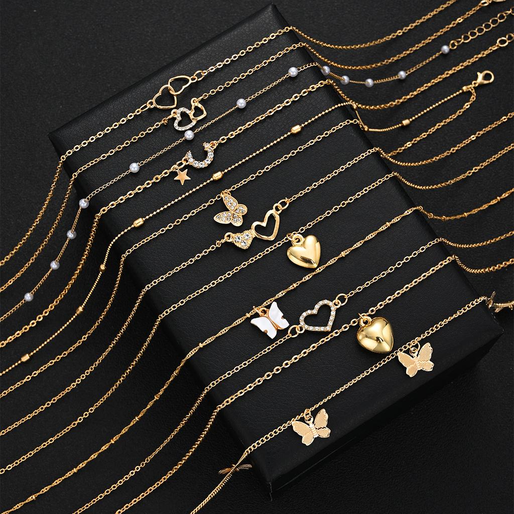 Fashion Elegant Multi-layered Necklace Set for Women Vintage Zircon Pearl Heart Butterfly Star Moon Pendant Necklace Jewelry New