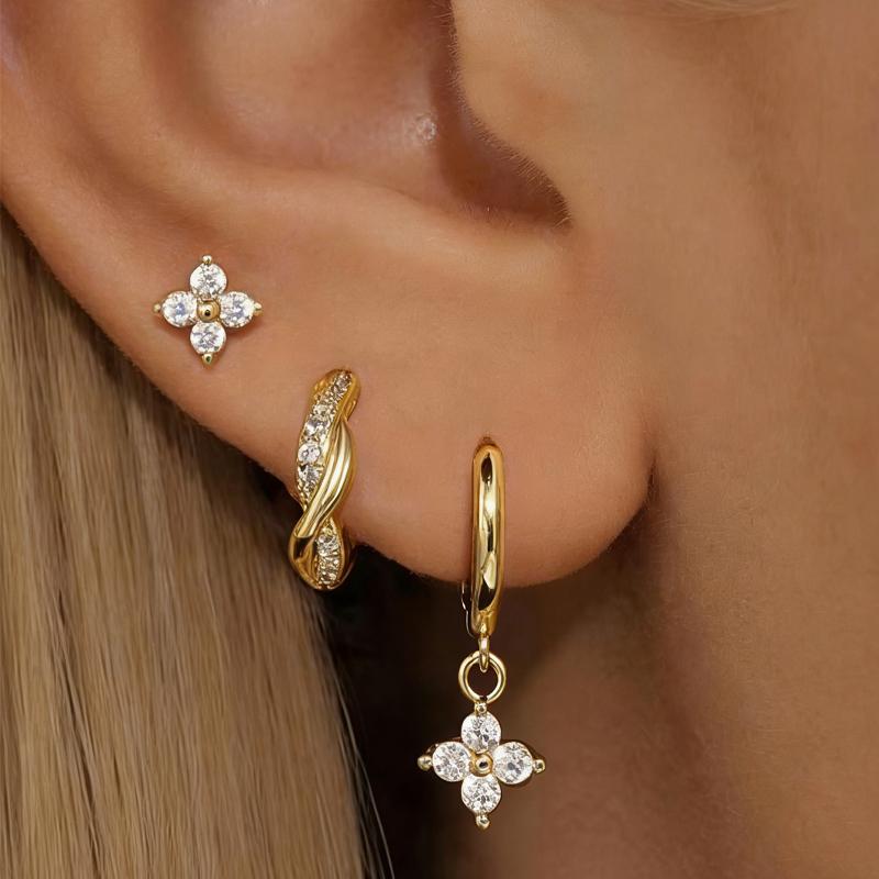 6/3 Pcs Trendy Stainless Steel Flower Earring Set For Women Vintage Crystal Zircon Drop Earrings Hypoallerg Piercing Jewelry New